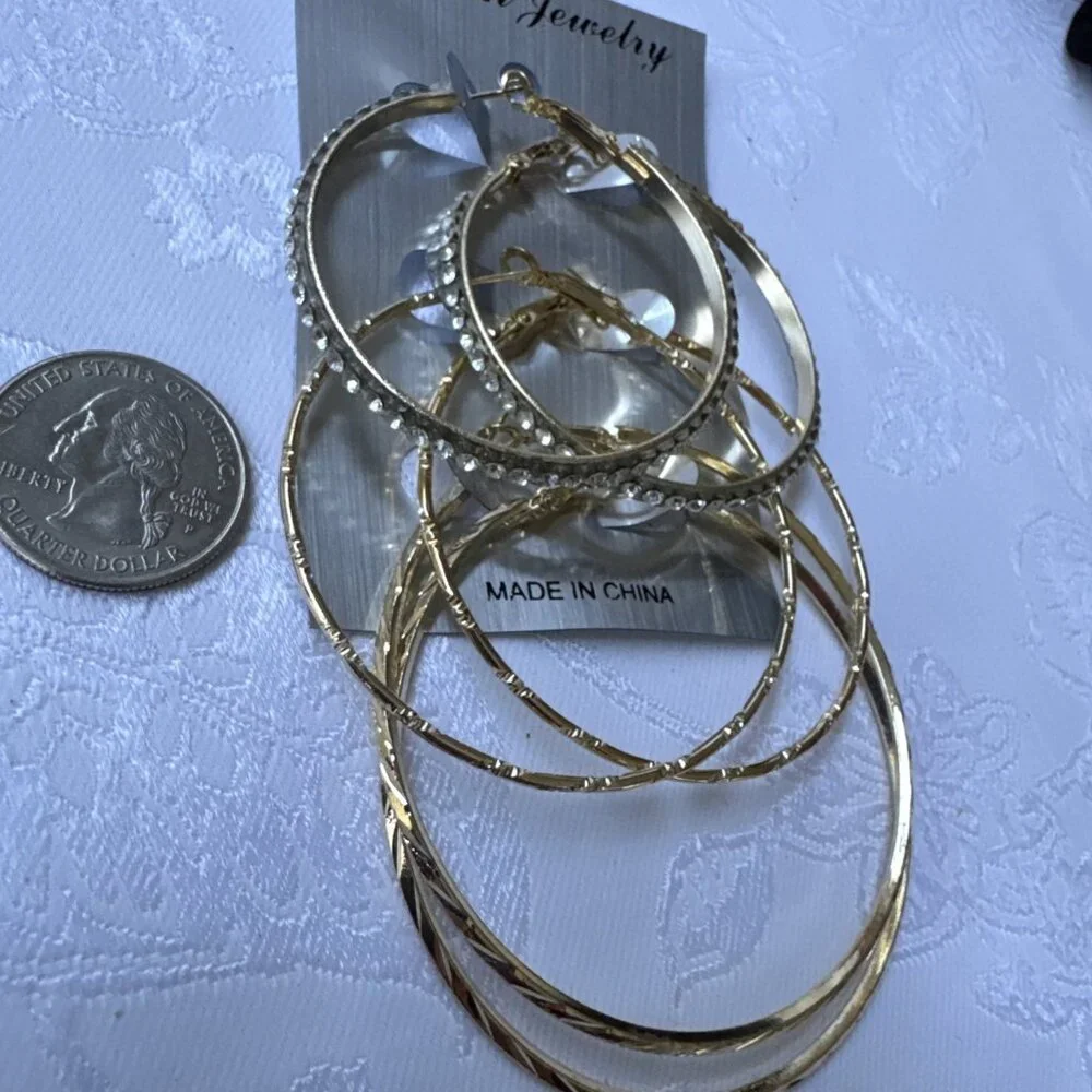 3 Sets Goldetone CZ Hoop 2 2.5 3 Inch Itched Lightweight Earrings NEW